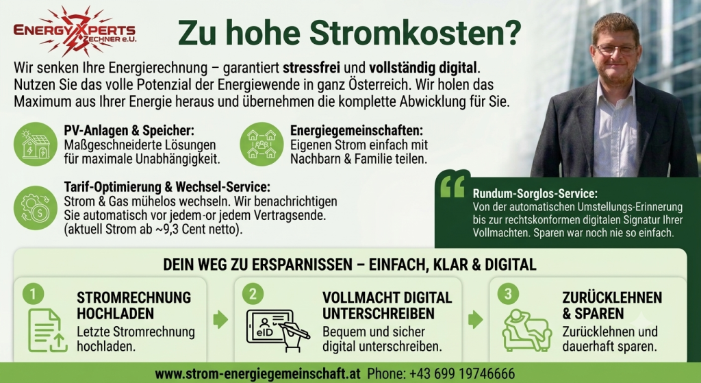 Infokarte von Energy Xperts Zechner mit Porträt und Anleitung zum Stromwechsel